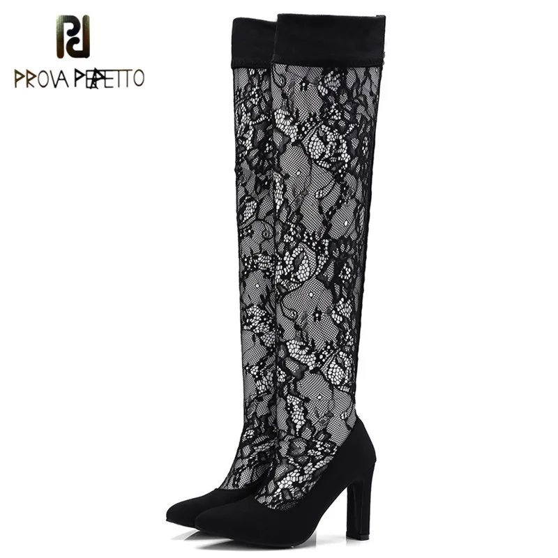 

Prova Perfetto 2018 Spring Summer Autumn Sexy High Heels Lace Boots For Woman Over The Knee Boots Pointed Toe Stretch Sock Boots