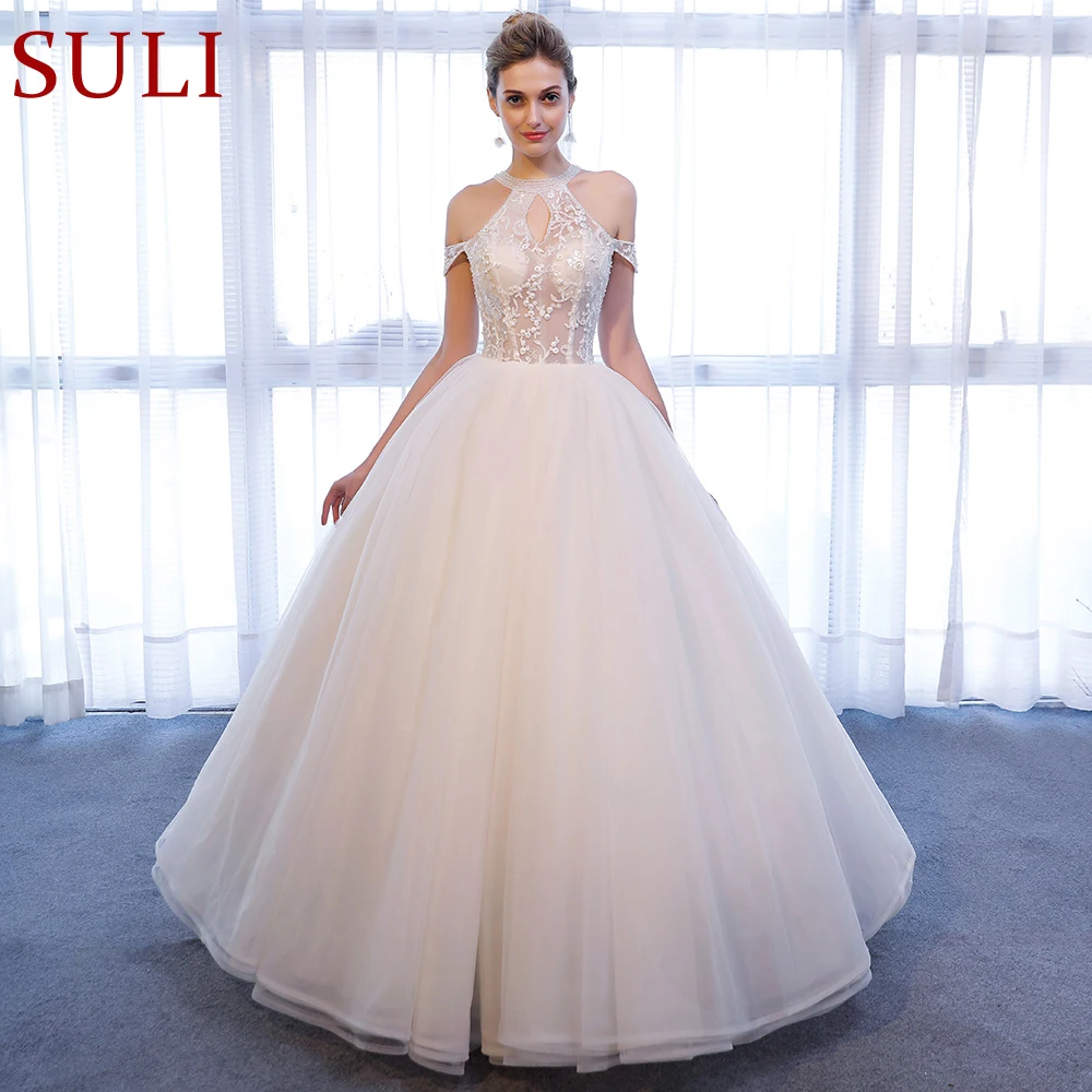 

SL-350 Princess Halter Beads Open Back Illusion Bodice Lace Wedding Dresses 2018