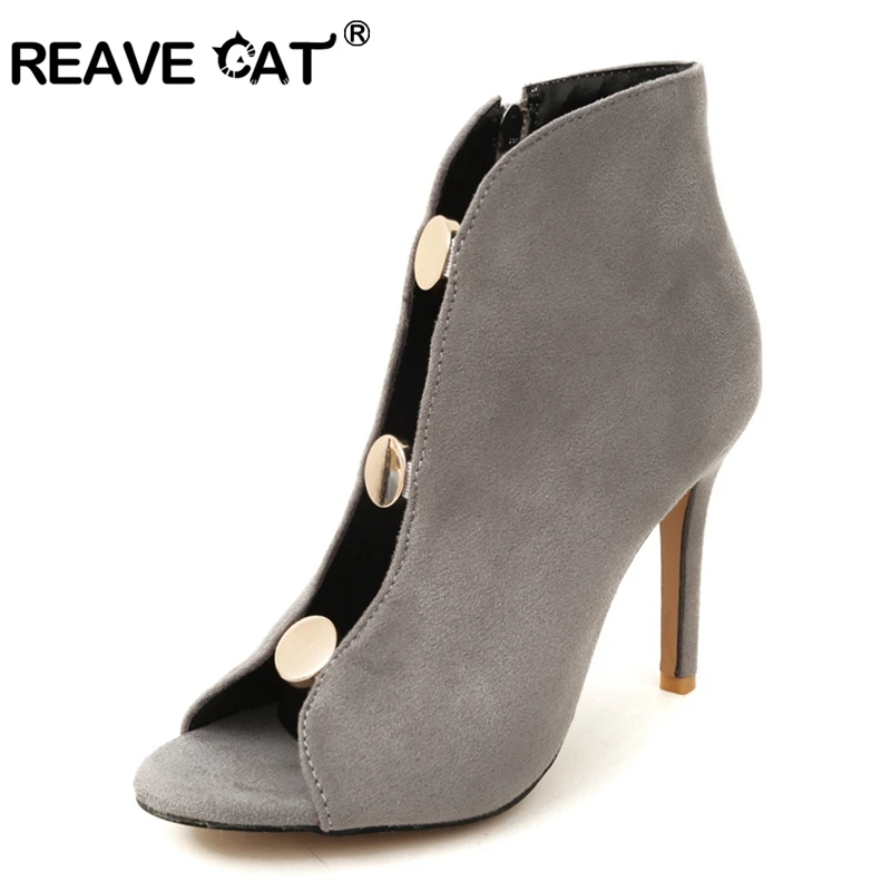 

REAVE CAT spring PeepToe Booties Women Thin High heels Summer Boots Zipper Cutout stilettos shoes Flock Metal Decoration A924