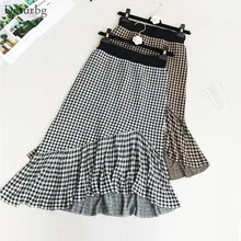 Deturbg, женский корейский, асимметричный, юбка русалки, женская, эластичная, высокая талия, клетчатая, Вязанная, для школы, миди юбки, Saias, зима, SK230