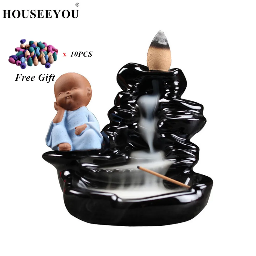 

HOUSEEYOU Backflow Incense Burner Home Decor Little Monk Ceramic Stick Incense Holder Aromatherapy Buddha Censer + 10Pcs Cones