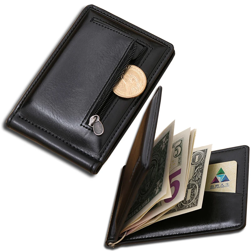 Wallet men Leather money clip with coin pocket leather clamp for money