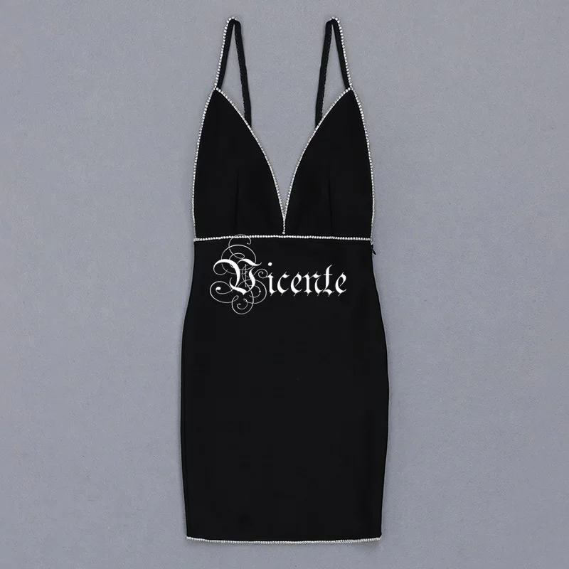 VC New Chic Beads Embellished Sexy Spaghetti Strap V Neck Celebrity Party Mini Bandage Dress