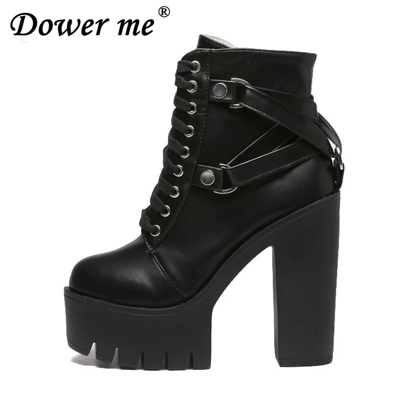 

Fashion Black Martin Boots Women Spring Autumn Lace-up Soft Leather Platform Shoes Woman Party Ankle Boots High Heels fashion