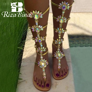 

RIZABINA New Women Sandals Gladiator Flats Summer Shoes Women Flowers Cystal Fashion Party Shoes Women Footwear Size 35-43