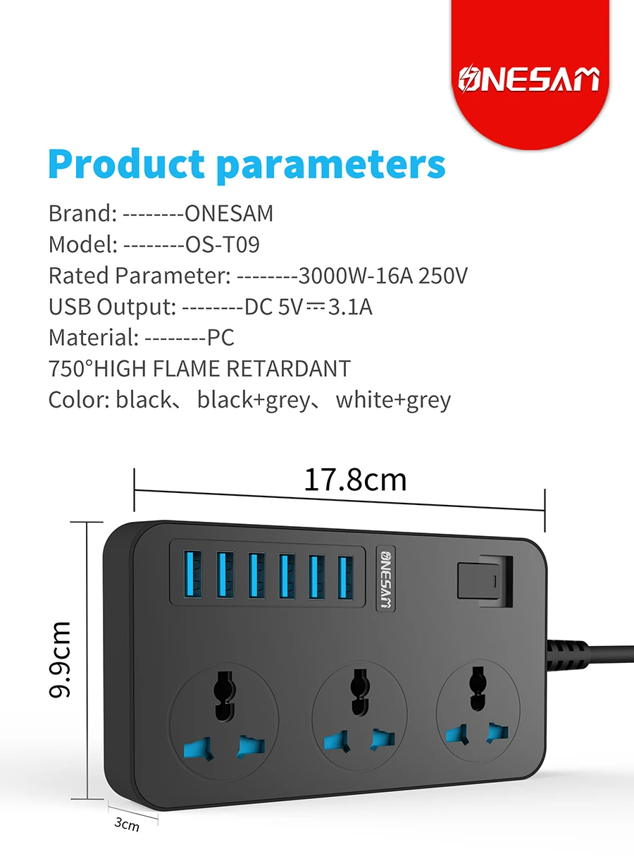 2500W Electrical Socket Extension Power Strip Surge Protection Charger 3.1A 6 USB Charger Adapter 3 AC Outlet Portable Splitter