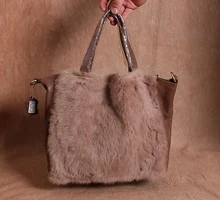 2014 fashion fur and leather handbag natural wild rabbit bag women real leather handbags