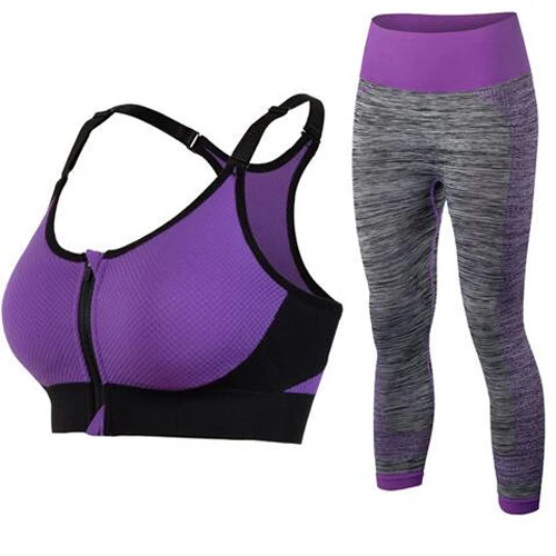 Горячий фитнес Йога набор Быстросохнущий тренировочный костюм для занятий йогой колготки женские сексуальные беговые штаны тренировочный костюм одежда спортивный бюстгальтер - Цвет: Purple set