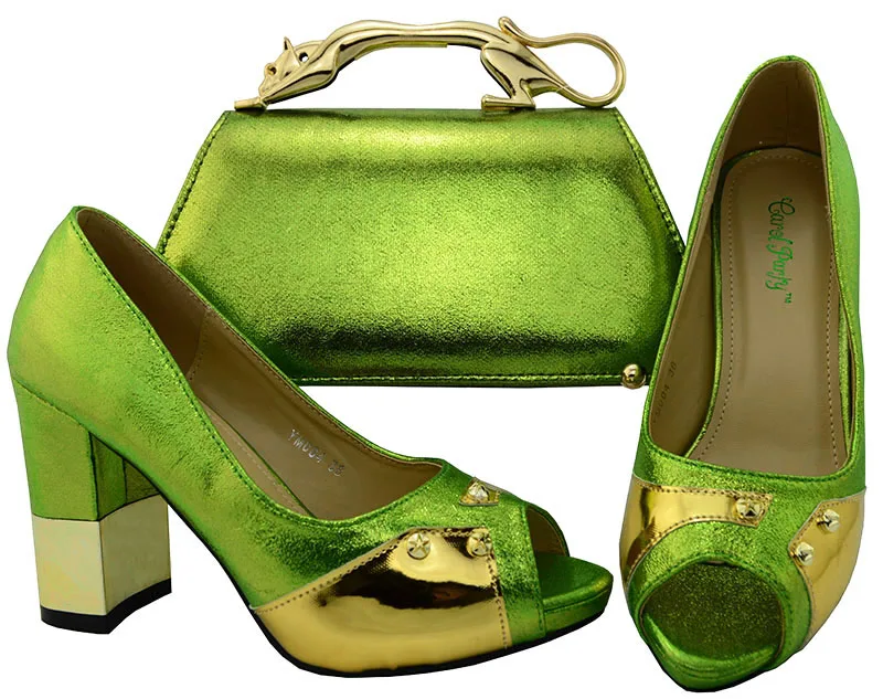 

Lemon Green Color Italian Shoes and Bags To Match Shoes with Bag Set Decorated with Metal High Heels Women Party Shoes and Bag