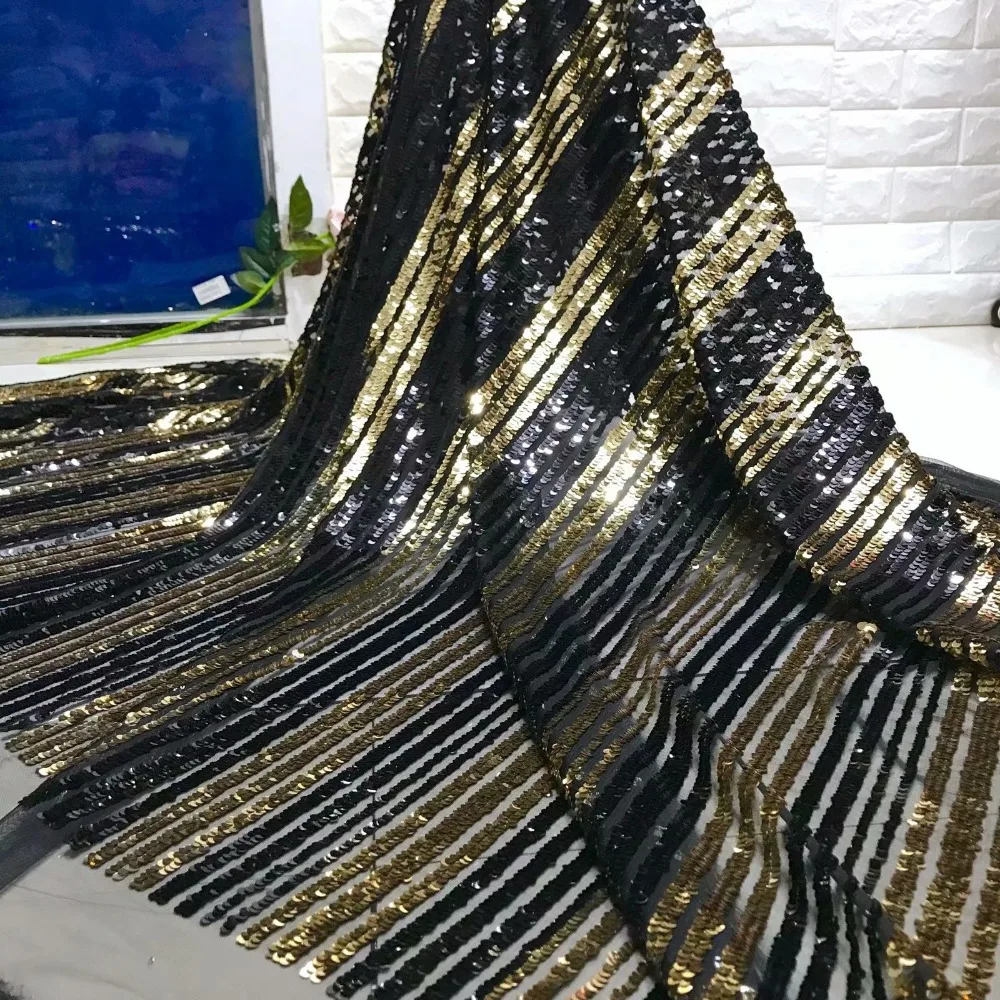 

French lace fabric latest african laces 2019 glitter black&gold sequin lace fabric high quality nigeria fabric 5yard/setAJ-
