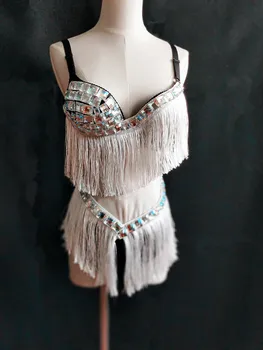 

Shining Rhinestone Bodysuit Women Sexy Party Costumes Bra Short Tassel Bikinis Stage Dance Nightclub Wear DJ Singer Outfit