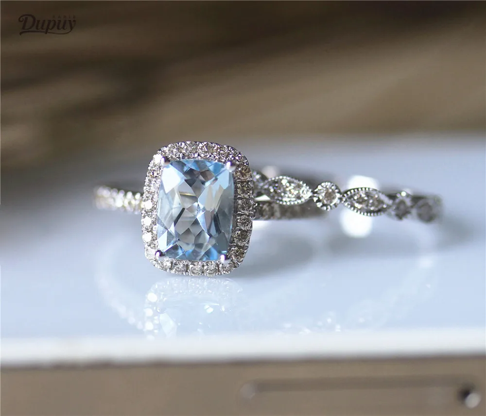 Дюпюи 6*8 мм Аквамарин подушки сократить Обручение набор колец Половина Вечность бриллиантами обручальное кольцо набор 14 К белый золото 2 шт.... Дюпюи 6*8 мм Аквамарин подушки сократить Обручение набор колец Половина Вечность бриллиантами обручальное кольцо набор 14 К белый золото 2 шт....
