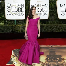 Goldene Globale Academy Awards 2016 Oscar Mermaid V-ausschnitt Satin Plissee Roter Teppich Kleider Lila Berühmtheit Abend Prom Kleider OE12