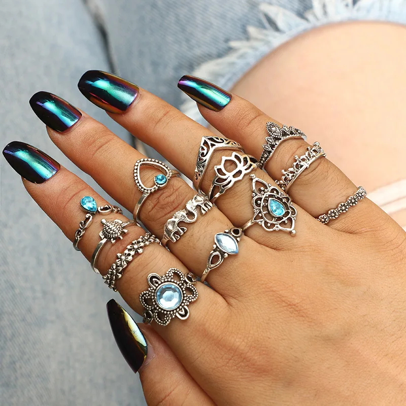 

TianBo 13pcs/Set Bohemia Elephant Crown lotus Flower Crystal Rings Set Retro Silver Knuckle Finger Rings for Women Party Jewelry