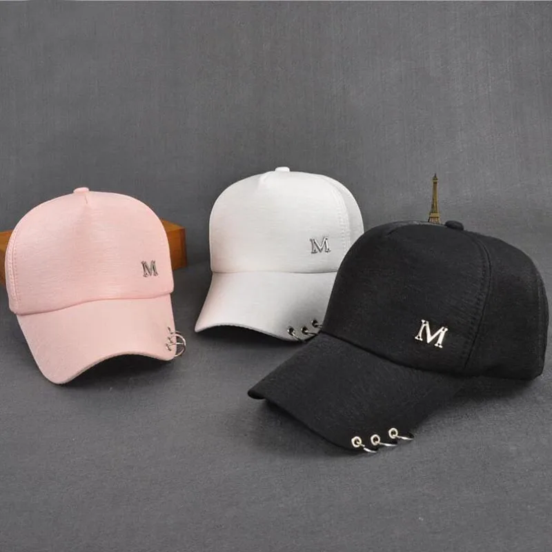  2017 New Metal Letter M Lron Ring Pink Classic 5 Panel Women Baseball Cap Ladies Youth Snapback  High Quality Baseball Cap