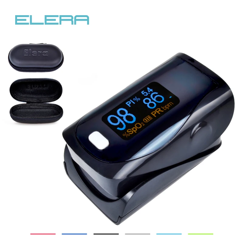 

ELERA CE Approved Brightness Ajustable OLED Digital finger pulse oximeter SPO2 PR PI Indicator Alarm setting With Carrying Case