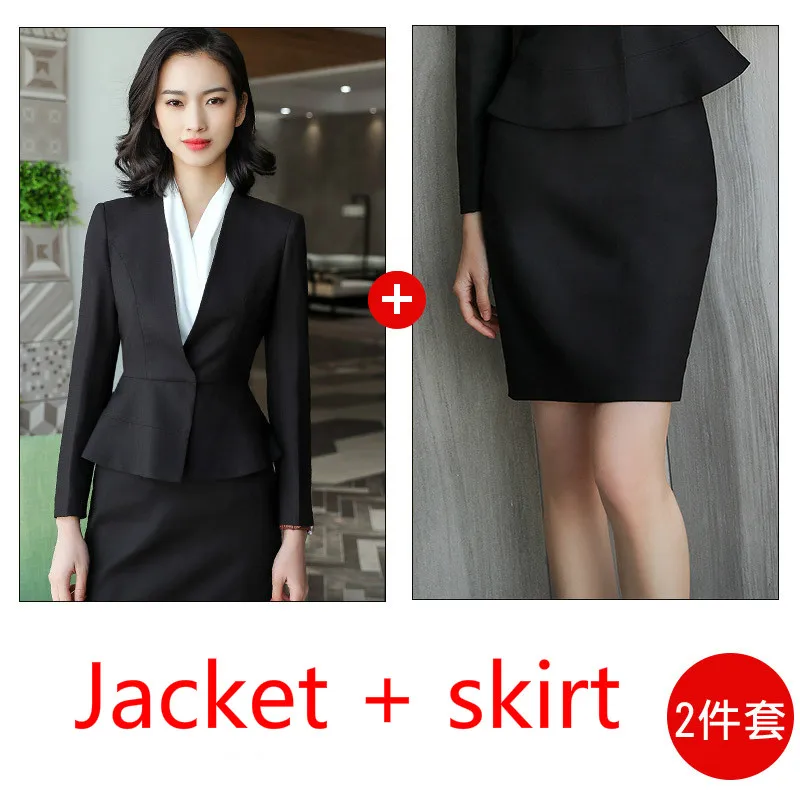 Black jacket skirt Женский деловой костюм корейский сплошной цвет Тонкий маленький костюм куртка офисный комплект темперамент Высокая талия юбка - Цвет: Black jacket skirt