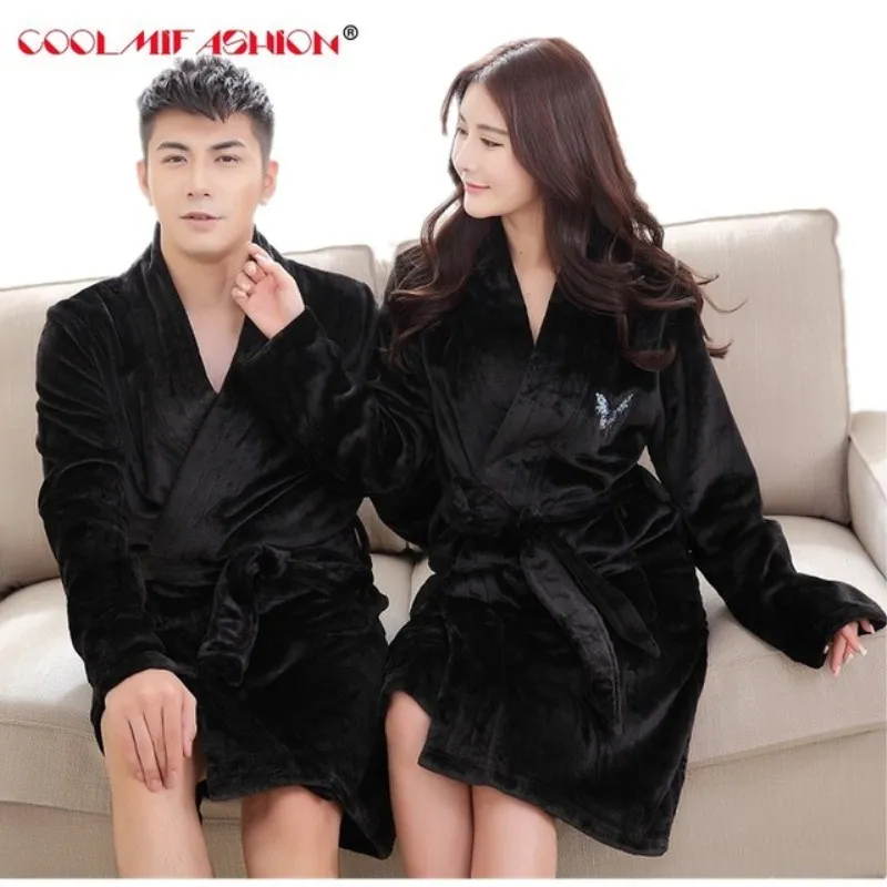 

Autumn Winter luxury couples Flannel Robe women gown coral fleece bathing robes thicker warm home clothing butterfly embroidery