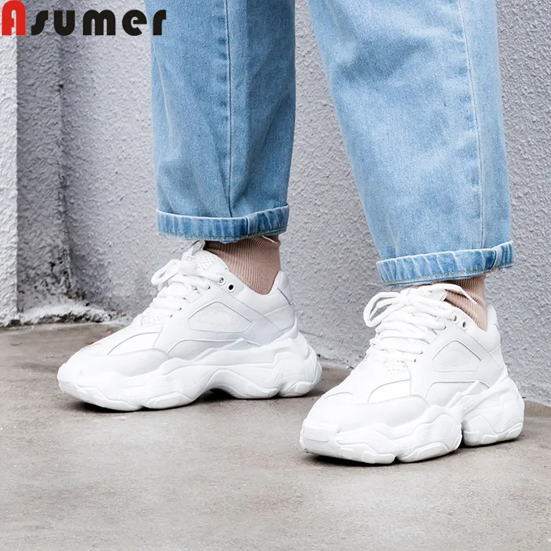 

ASUMER big size 35-42 fashion spring autumn new shoes woman round toe lace up genuine leather shoes Casual flats women sneakers