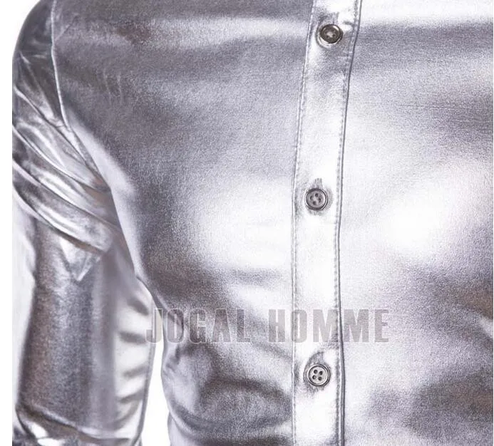 2019 для мужчин тенденция ночной клуб с металлическим покрытием Хэллоуин золото серебрянная пуговица подпушка рубашки вечерние мальчиков
