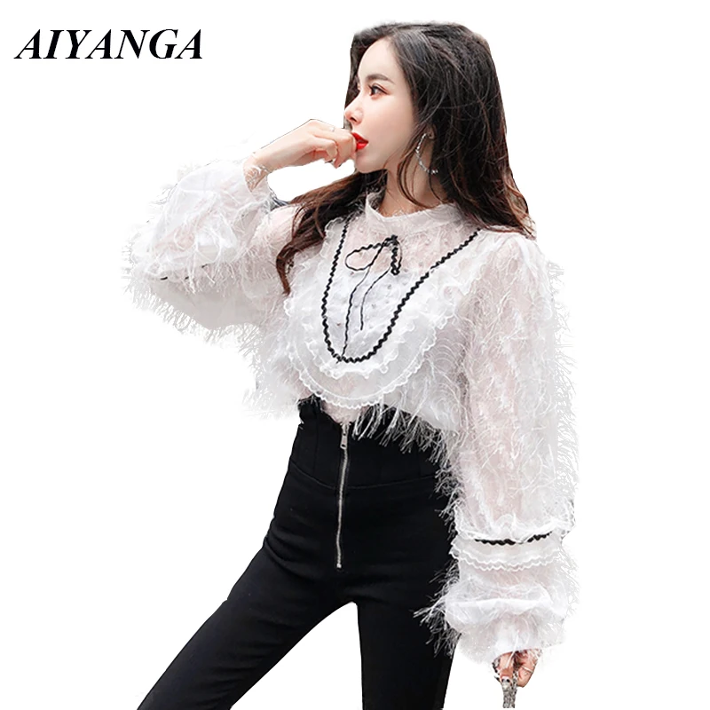 

New Tassel hairy Shirts Women 2019 Spring Blouses Female Patchwork Lace Blouse Fashion Shirt White Black Big Size Casual Tops