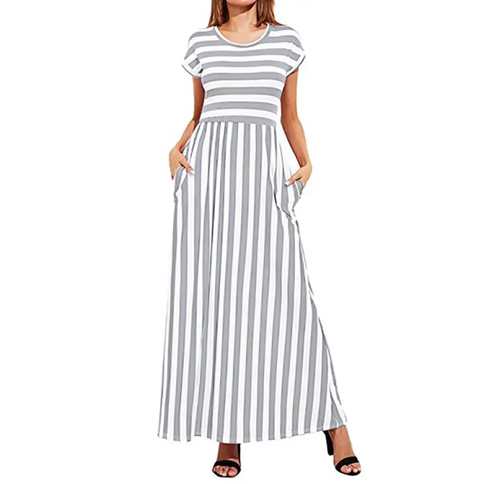 

Simple Striped Print Maxi Dress Women Summer Short Sleeve Long Party Dresses Ladies Casual Loose Beach Sundress With Pockets #Ju