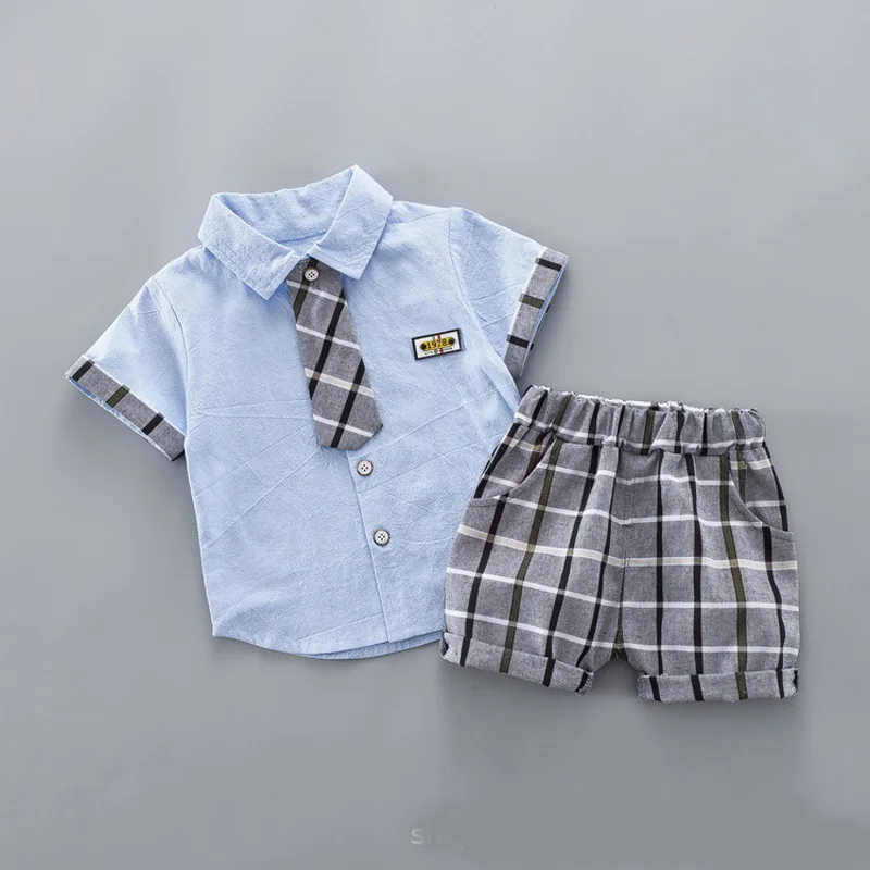 

2019 children handsome clothing kids casual shirt with necktie+Plaid pant 2Pcs/set boys fashion summer sets.