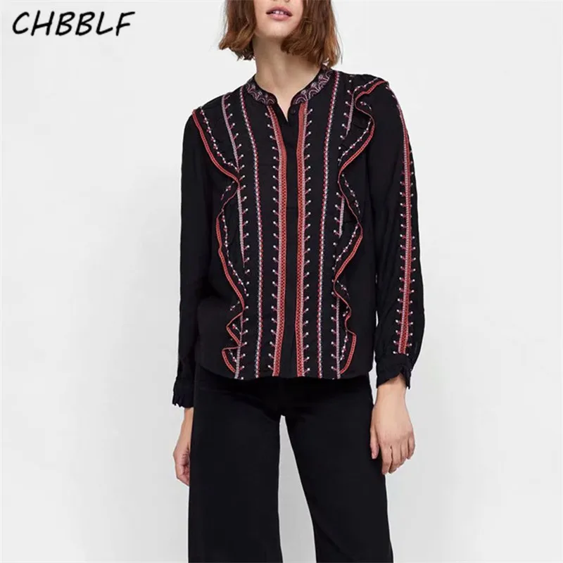 CHBBLF women floral embrodery ruffles blouses vintage lace
