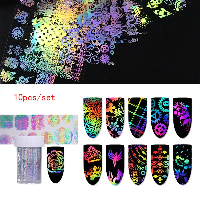 

10pcs Holographic Nail Art Foil Rose Cute Cartoon Butterfly Fire Transfer Stickers Set Kit 4x20cm #289566