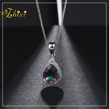 

ZHIXI 925 Sterling Silver Jewelry Colorful Natural Topaz Necklace Pendant Ring Water Drop 8-11mm Trendy Gift For Women [T236DJ]