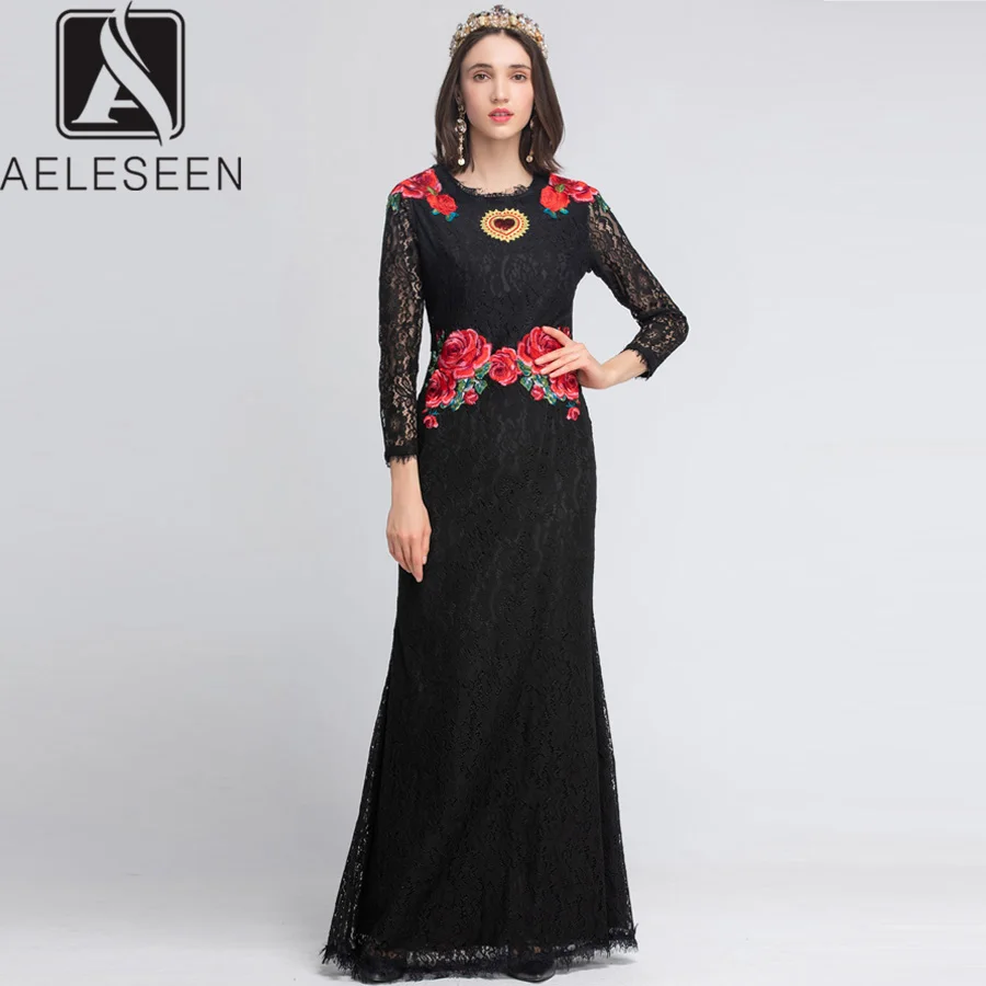 

AELESEEN Bodycon Dress 2019 Spring Summer Flower Embroidery White / Black Long Dress Slim Trumpet Sexy Lace Maxi Dress Women