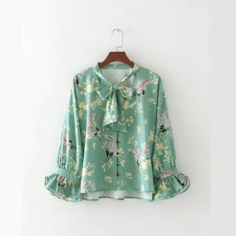 

2017 Fashion Women Elegant printing V-Neck Bow tie Shirts Long sleeve Blouses Casual Loose Tops chemise femme blusas S1805