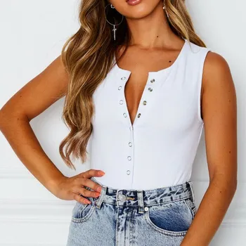 

Summer sexy rompers Women sexy bodysuits jumpsuits Fashion sleeveless Button Slimming V Neck Clubwear casual Leotard top Outfits
