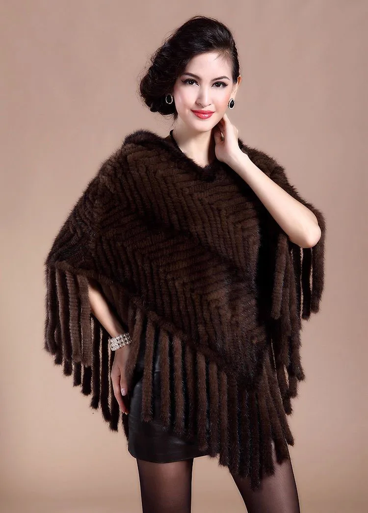 Женская шаль из натурального меха норки с кисточками/пончо/женская одежда/ /Опт/розница - Цвет: Brown