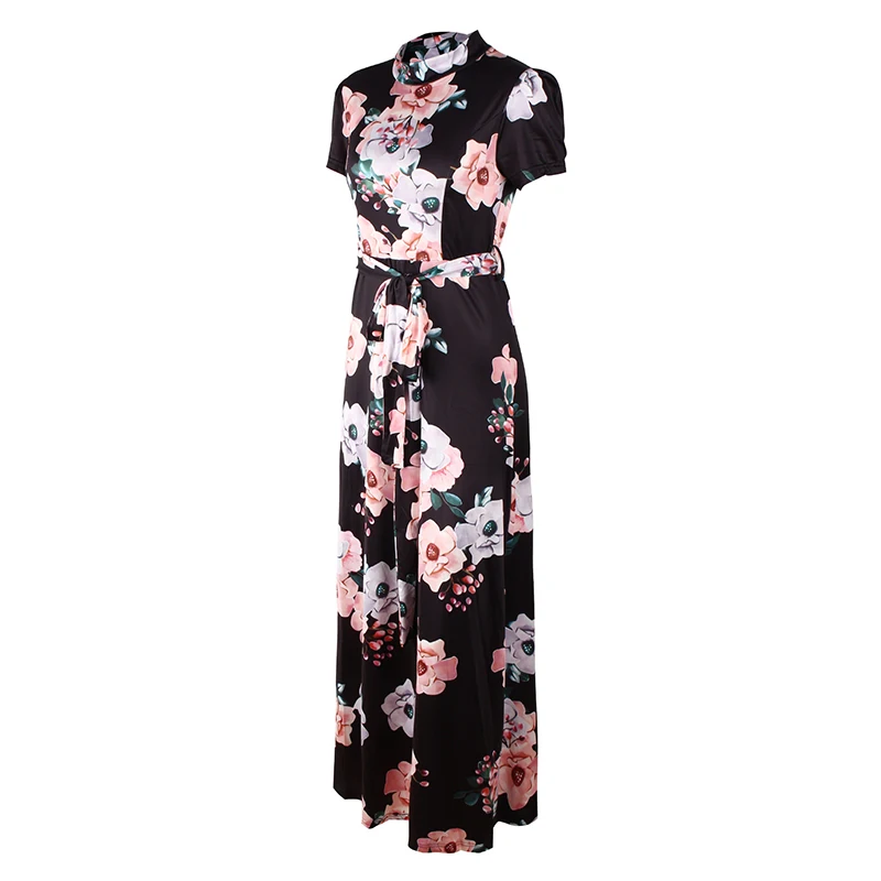 BBYES 3 Colours Autumn Fashion Women Floral Print Belt Stand Collar Short Sleeve Long  Dress Floral Casual Beach Print Dresses