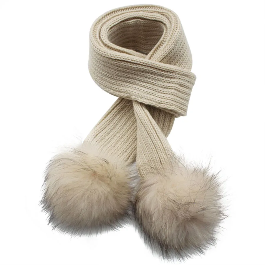 Gasoo Max Brand Children Scarf Winter Warm Knitted With 2 Pcs Colorful Detachable Pom Pom Real Raccoon Fur Pompom Baby Scarves