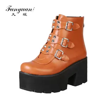 

fanyuan Brand New Plus Sizes 46 Platform Buckles Women Ankle Boots Shoes On Sale Square High Heels Woman Boots