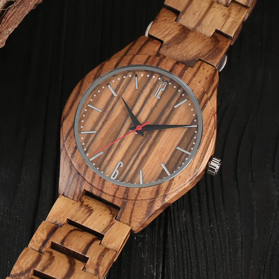 Luxury Full Wooden Bamboo Men Watch Dot Numbers Dial Red Hand Handicraft Quartz Wristwatch Fold Clasp Minimalist Sport Clock (11)