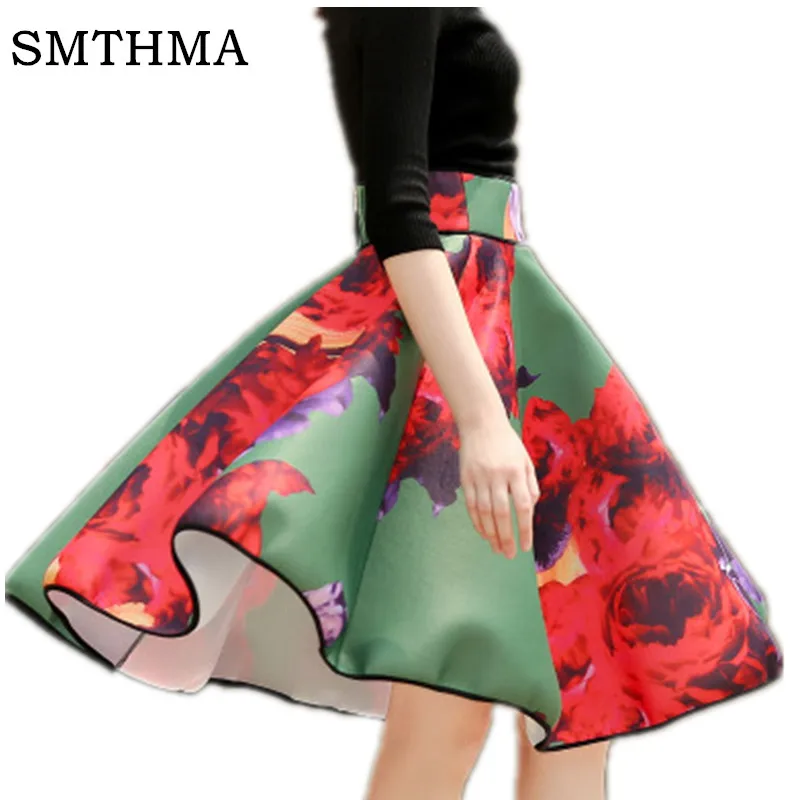 

SMTHMA Autumn Winter Runway Flower Print Painted Women A Line Pleated Midi Skirts Saias Floral Printed Tall waist Lady Skirt