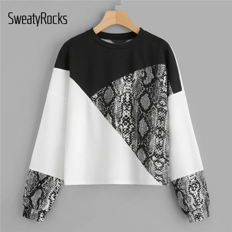 SweatyRocks Color Block Snake Skin Pullover Long Sleeve O-Neck Streetwear...