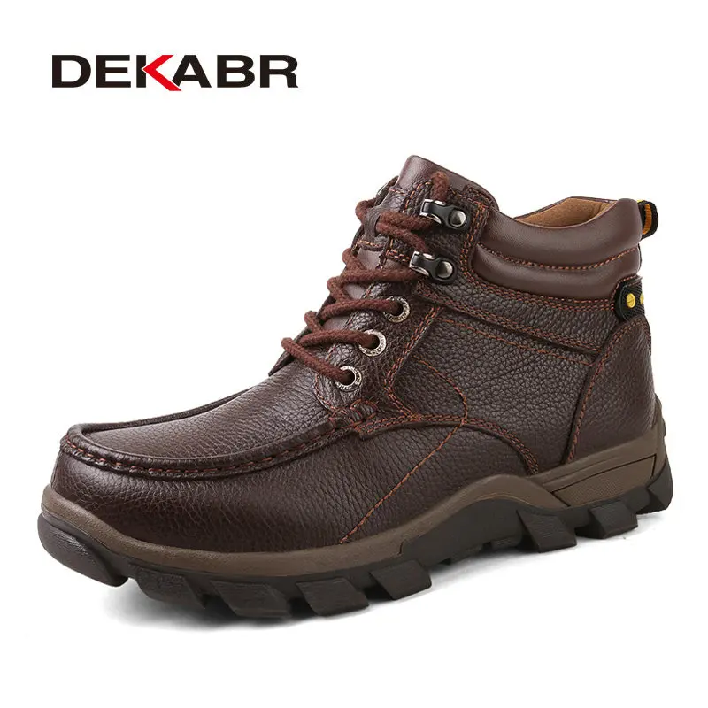 Мужские теплые водоотталкивающие ботинки DEKABR, черные рабочие ботинки из натуральной кожи для отдыха, с резиновой подошвой, в стиле ретро, большие размеры, зима - Цвет: Brown