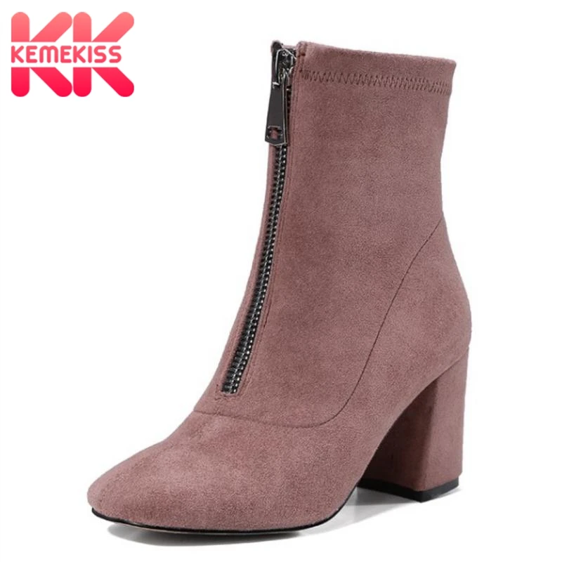 

KemeKiss 4 Color Size Women Ankle Boots Winter Zipper Square Toe Shoes Woman High Heel Half Short Boots Fashion Shoes 33-41