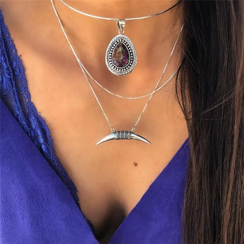 Fashion Trend Crescent Drop Gem Bohemian Style Multi-layer Necklace Choker Party Pendant Jewelry chain Necklace F13 (6)