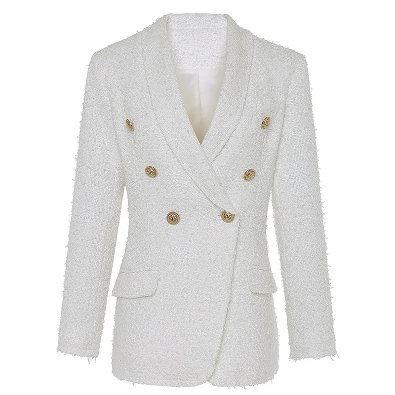 Белый шерстяной хлопковый Блейзер женская женский жакет в стиле кэжуал Turn-Down Воротник двубортный Блейзер Куртка Осень-зима верхняя одежда