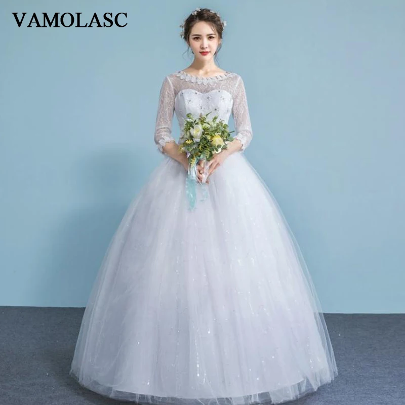 

VAMOLASC Illusion Crystal O Neck Ball Gown Lace Appliques Wedding Dresses Three Quarter Sleeve Backless Bridal Gowns