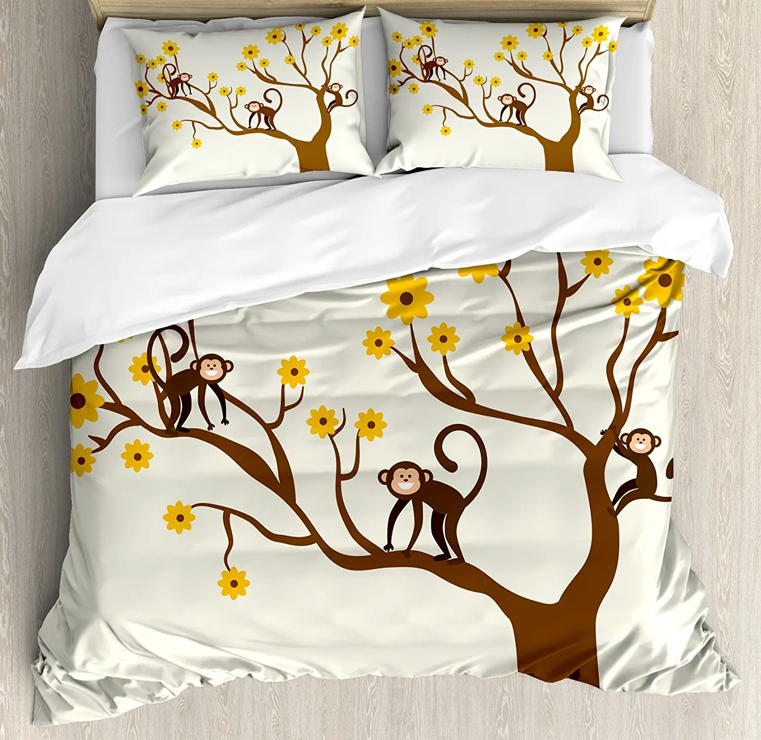 

Funny Duvet Cover Set Cute Monkey Animations Fun Chimpanzees Climbing on Daisy Trees Animal Life Figure 4 Piece Bedding Set