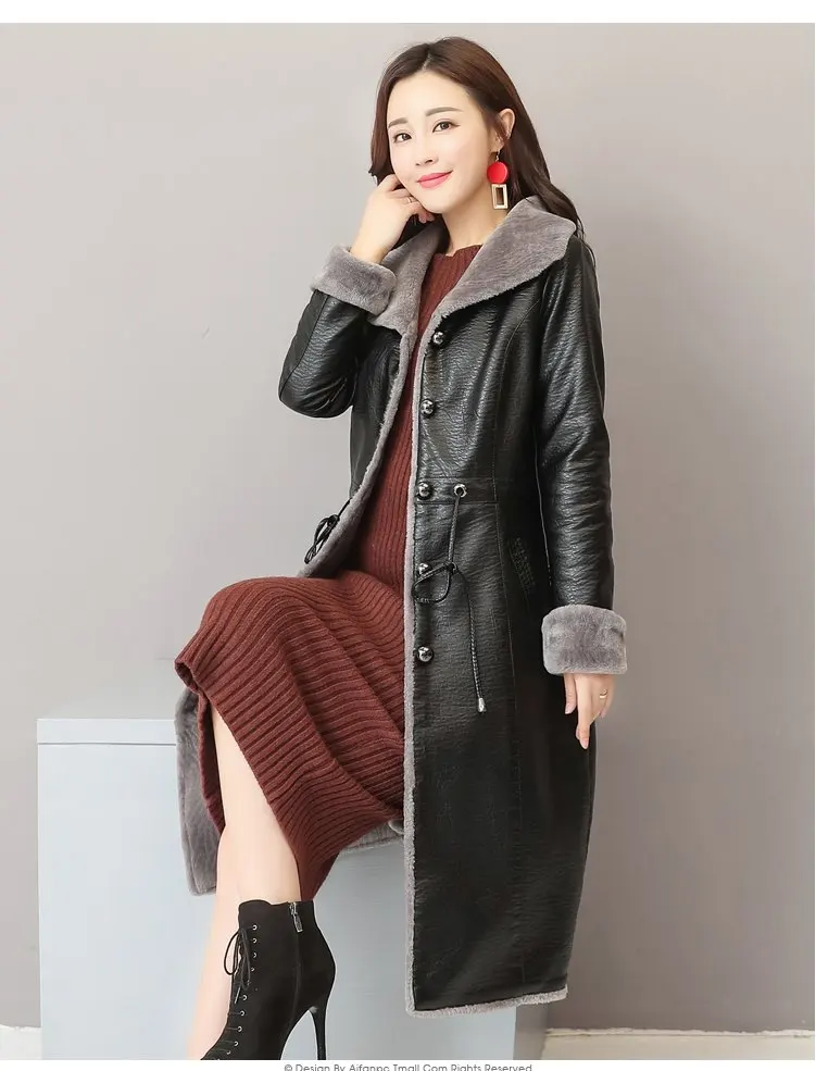  Women winter leather fur jacket Female coats Long trench Clothing Plus size Thick Leather jacket Plush Winter Leather OverCoat