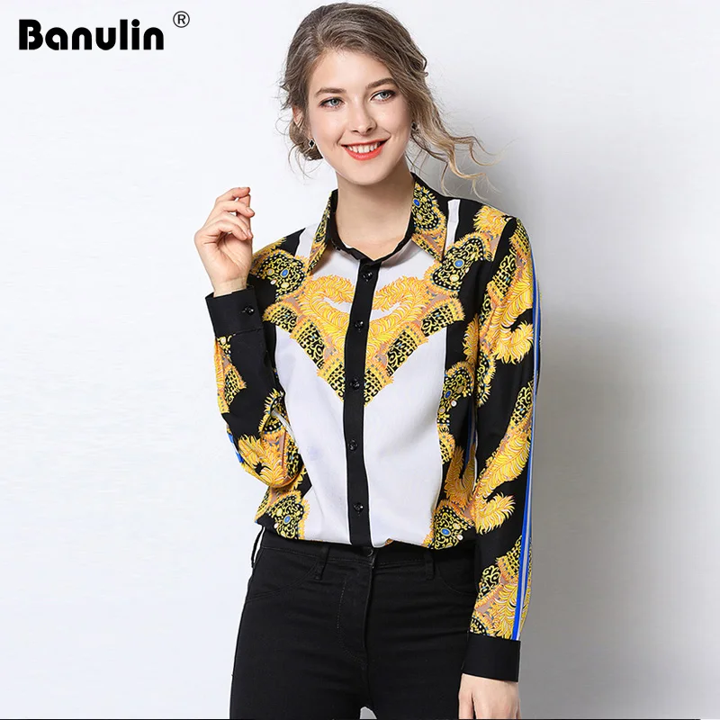 

Banulin 2019 printed Shirt Spring Summer Designer Runway Blouse Women's Long sleeve Turn Down collar Casual blouse Fashion Tops