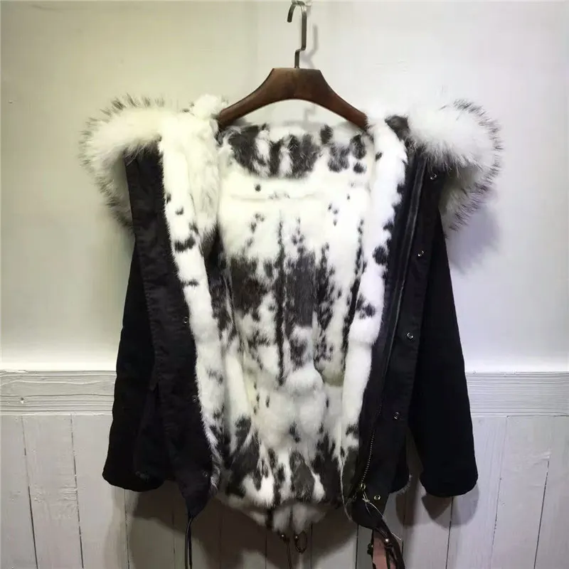 2016 New Arrival Natural Rabbit White with black color fur inside jacket for Lady winter fur