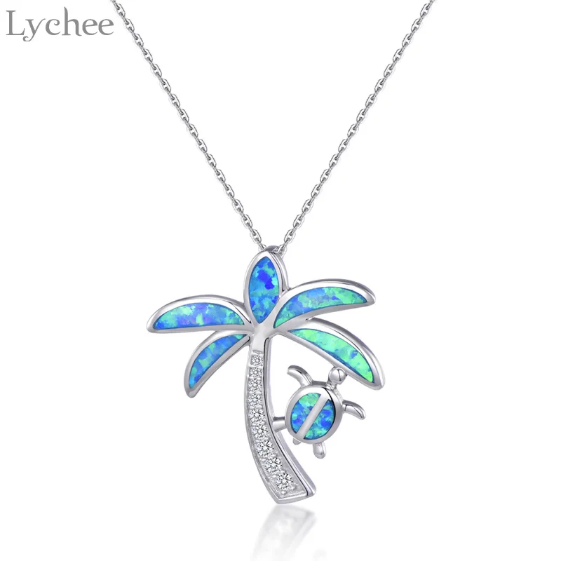

Lychee Trendy Turtle Tree Opal Pendant Necklace 925 Sterling Silver Fine Jewelry For Men Women Link Chain Wedding Jewelry